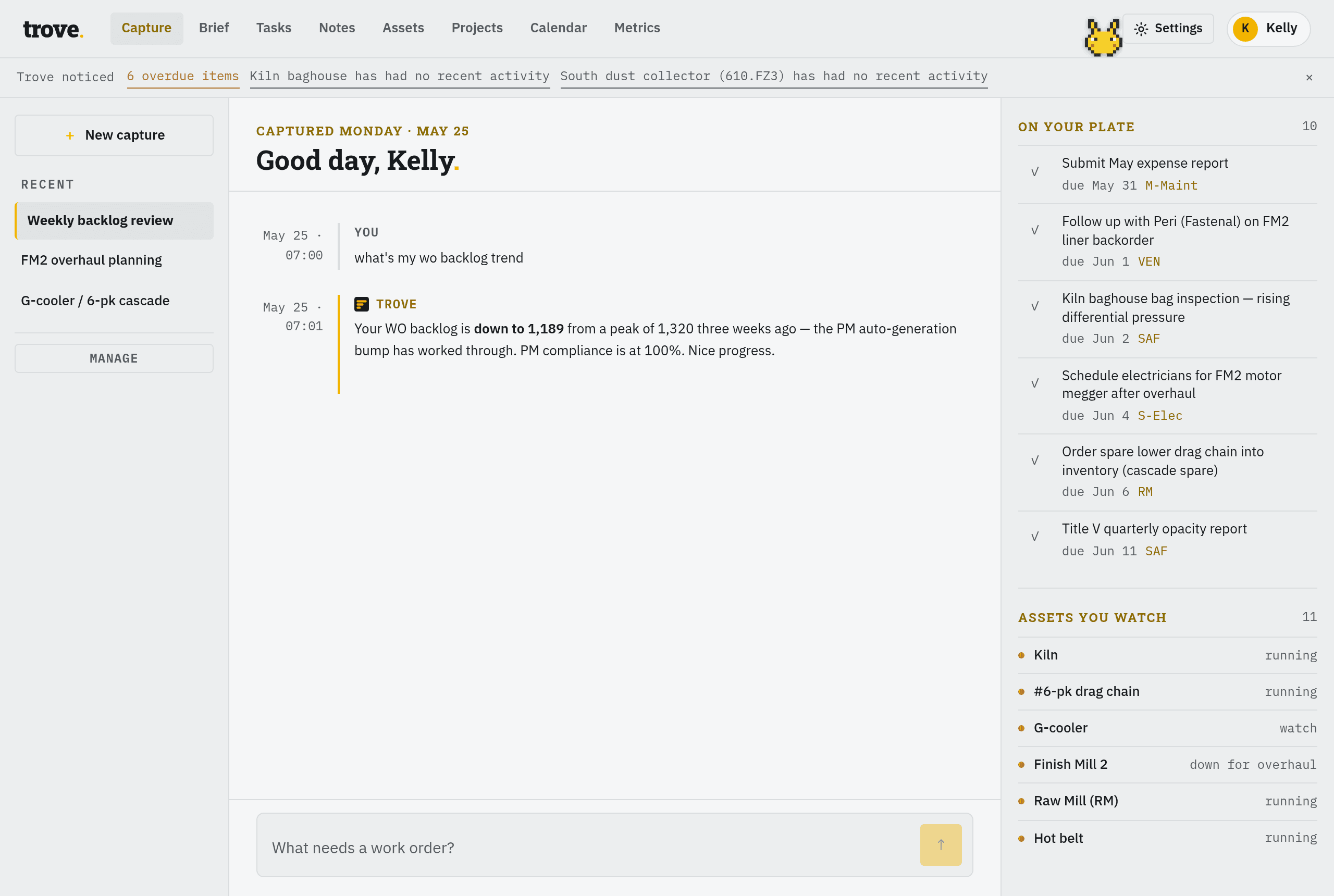 Trove home — a shift note captured in conversation, filed into structured tasks and dates