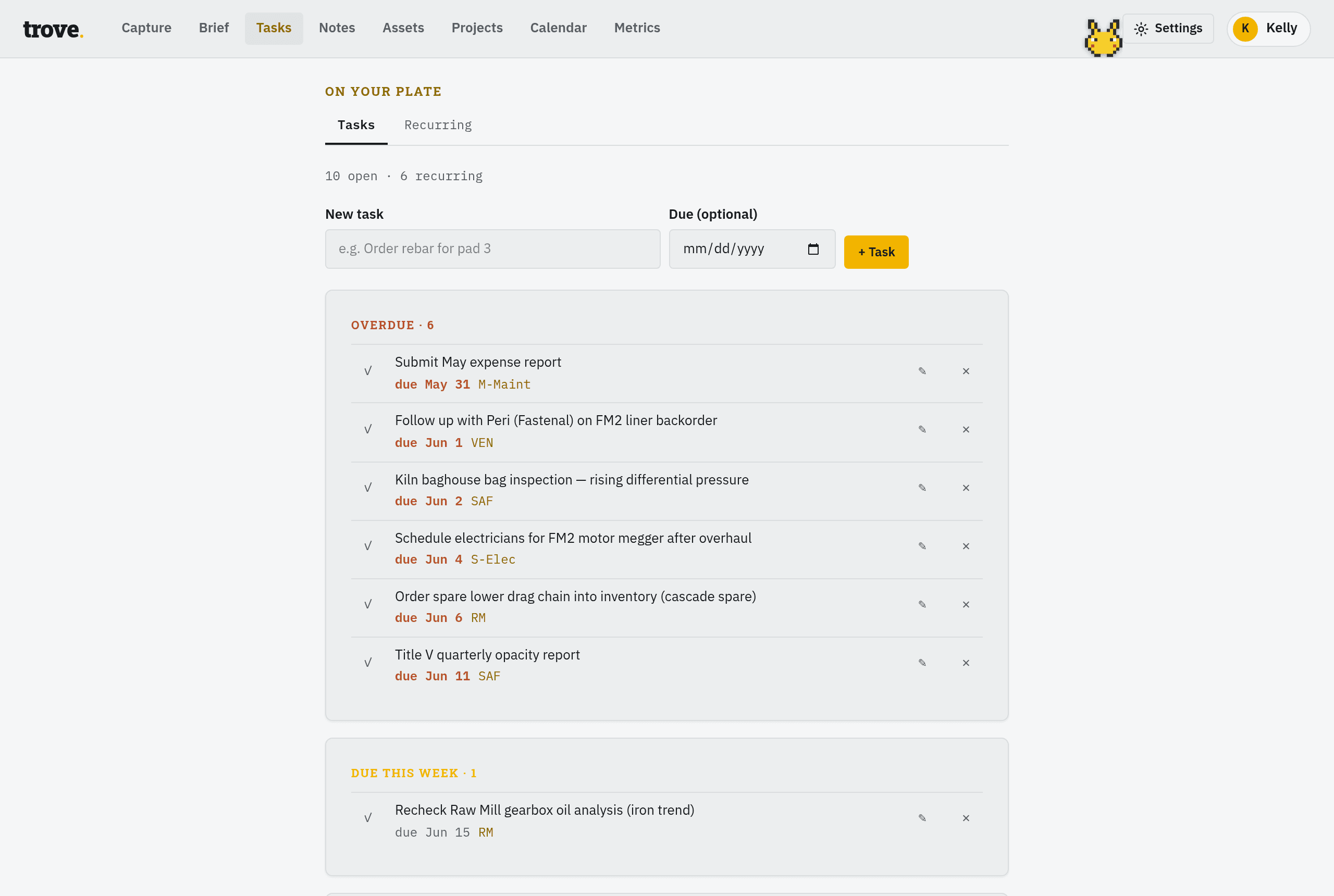 Trove tasks — open items grouped by overdue, due this week, and later